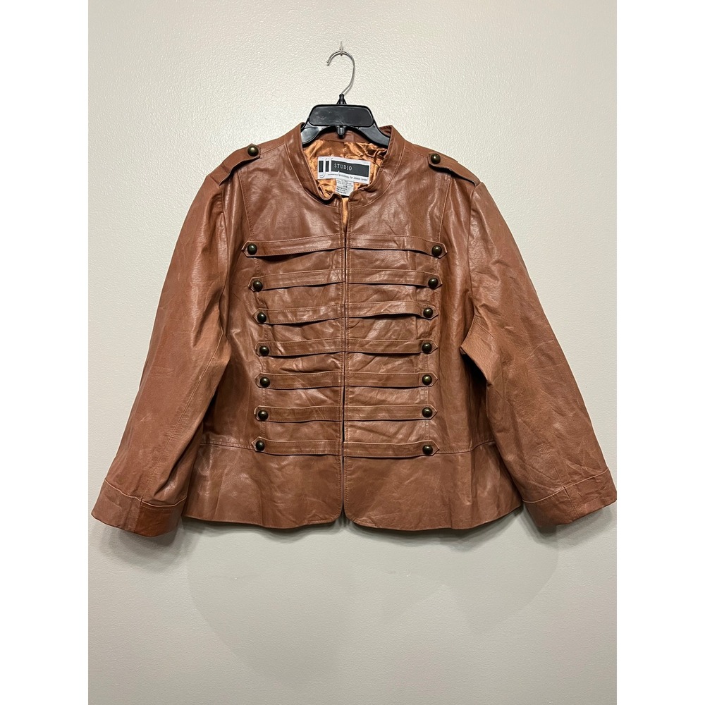 Vintage Jessica London Brown Leather Military Jacket Brass Buttons W 26